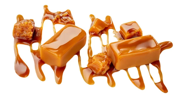 Karamellbonbons Mit Karamellsoße Isoliert Auf Weißem Hintergrund Butterscotch Toffee Candy — Stockfoto