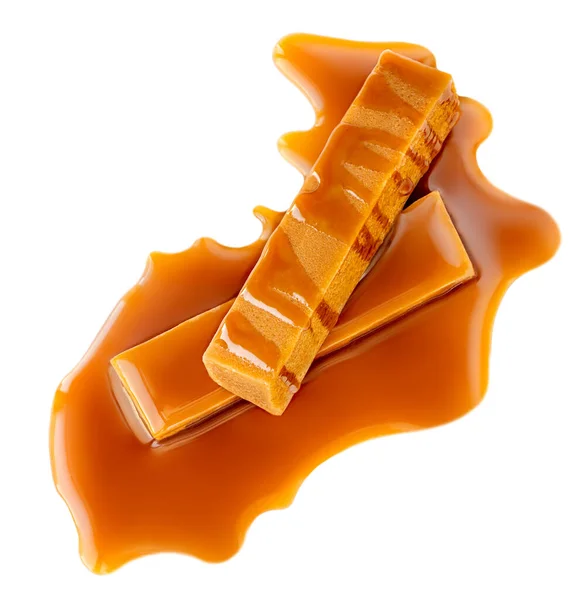 Bomboane Caramel Sos Caramel Izolate Fundal Alb Golden Butterscotch Toffee — Fotografie, imagine de stoc