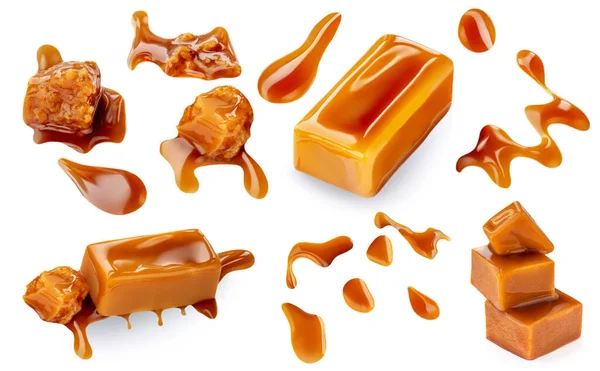 Karamellbonbons Und Soße Auf Weißem Hintergrund Flaches Karamell Toffee Set — Stockfoto