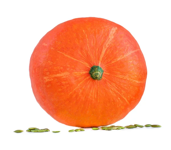 Pomarańczowe Całe Warzywa Dyniowe Nasionami Wyizolowanymi Białym Tle Dekoracyjne Zbliżenie — Zdjęcie stockowe