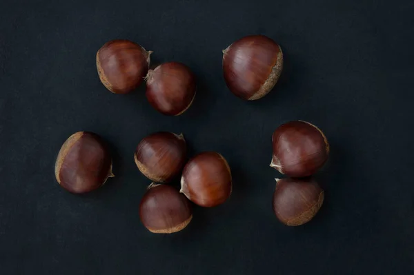 Horse Chestnuts Aesculus Fruits Dark Background Sweet Chestnuts Christmas Top — Stock Photo, Image