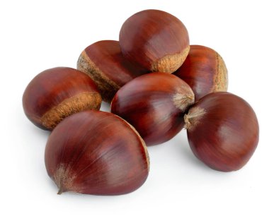 Kestaneler beyaz arka planda izole edilmiş. Chestnut Top Manzarası. Düz yatıyordu
