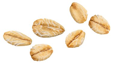 Uçan yulaf lapası yığını beyaz arka planda izole edilmiş. - Yuvarlanan yulaf gevreği üst görünümü. Düz la