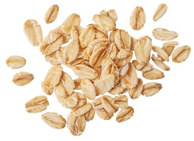 Flying Oat flakes  isolated on white background. Levitating Rolled oat flakes Collection. Oats set. Top view. Flat la