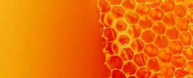 Honeycombs with sweet golden honey as background, close up. Abstract Background texture and pattern of wax honeycomb with gradient ombre blend blur flow fluid
