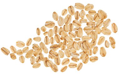 Oat flakes  isolated on white background. Levitating Rolled oat flakes Top view. Flat la