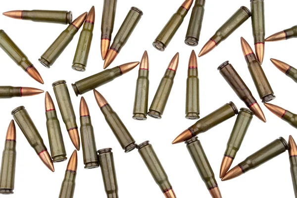 Muchos Cartuchos Para Fusil Asalto Kalashnikov Aislado Sobre Fondo Blanco — Foto de Stock