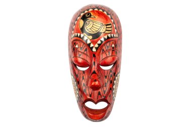 Siyah ve beyaz desenler ve bir kuş ile dekore Tayland ahşap kırmızı maske, beyaz arka planda izole