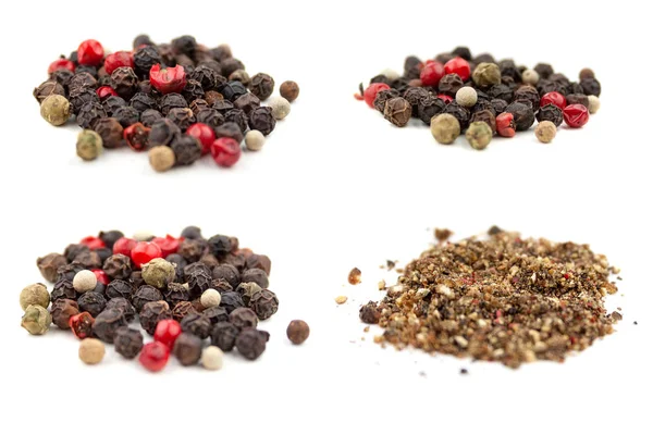 Set of four photos of a mix of four types of grain and ground pepper: black, white, pink, green. Isolated on white background. Selective focus. Closeup view — Stock Photo, Image