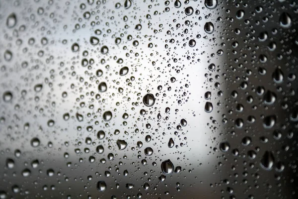 Gotas de agua en el vaso contra un fondo borroso de degradado de luz oscura en un día nublado lluvioso. Enfoque selectivo —  Fotos de Stock