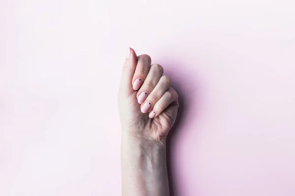Woman Hand Beautiful Manicure Pink Nude Nails Small Black Dots — Stock Photo, Image