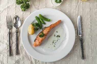 Plaka üzerinde Somon Balık Izgara Bonfile ve sebze üstten görünüm.