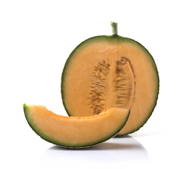Skivad Kantaloupe Melon Isolerad Vit Bakgrund — Stockfoto