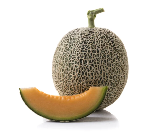 Close View Whole Cantaloupe Melon Slice Isolated White Background — Stock Photo, Image