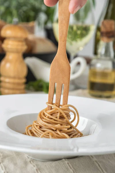 Wooden Fork Spaghetti Bolognese White Plate — Stock Photo, Image