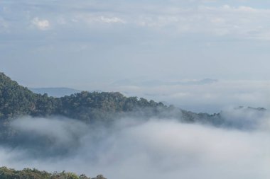Dağ sis, gökyüzü bulutlu.