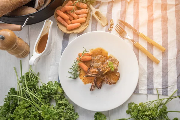 Top View Lamb Steak White Plate Toned Picture — Stock Photo, Image