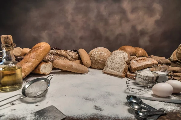 Still Life Flour Table Ingredients Bread Cooking Different Kinds Bread — Stock Photo, Image