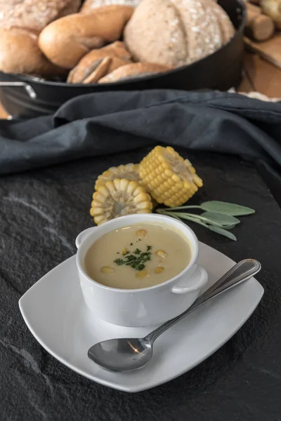 Corn soup in bowl