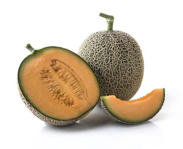 Nahrungsmittelzusammensetzung Von Cantaloupe Melonen Isoliert Auf Weißem Hintergrund — Stockfoto