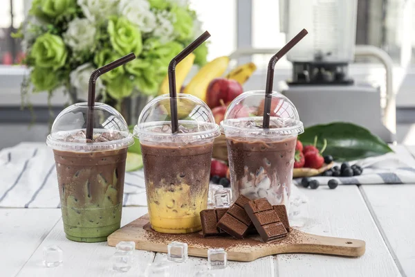 Chocolate Milk Beverages Arranged Wooden Table — Stock Photo, Image