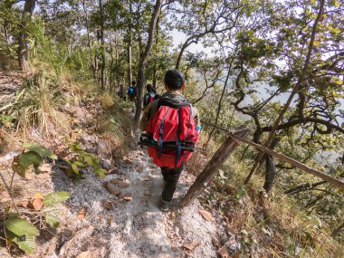 Orman yürüyüş backpackers Grup.