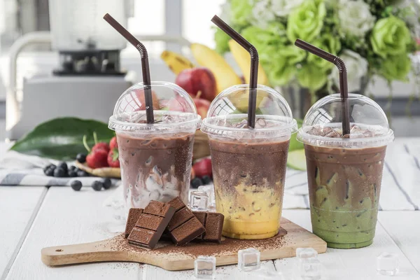 Chocolate Milk Beverages Arranged Wooden Table — Stock Photo, Image