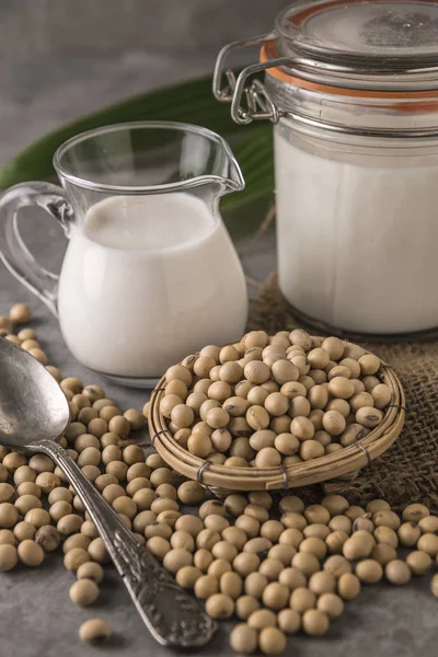 Food composition of soybeans and soy milk in soft focus background