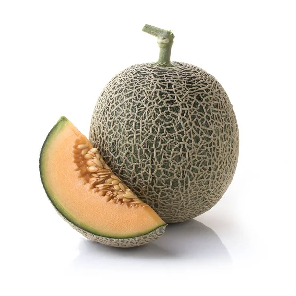 Ganze Cantaloupe Melone Mit Scheibe Isoliert Auf Weißem Hintergrund — Stockfoto