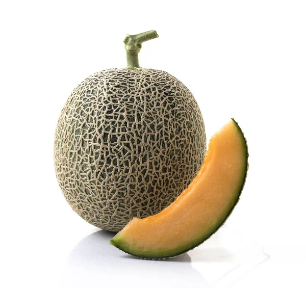 Hela Cantaloupemelon Med Skiva Isolerad Vit Bakgrund — Stockfoto