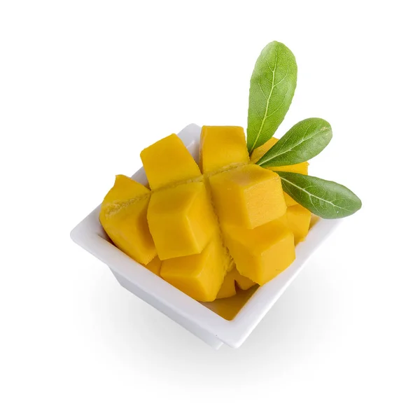 Cut Mango Fruit Decorated Leaves White Bowl — Stock Photo, Image