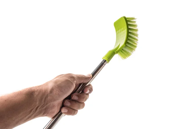 Green Toilet Brush Male Hand Isolated White Background — Stock Photo, Image