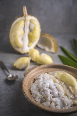 Yakın görünümü sosunun tatlı yapışkan pirinç ile Durian ve Hindistan cevizi sütü, Tayland Gıda.