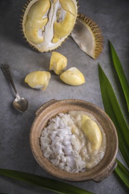Gıda kompozisyon tatlı yapışkan pirinç ile Durian ve Hindistan cevizi sütü sosu, Tayland Gıda.