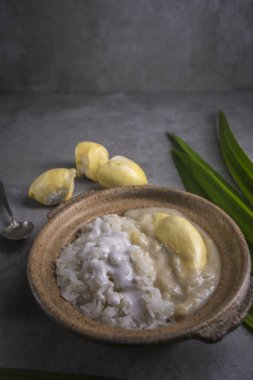 Yakın görünümü sosunun tatlı yapışkan pirinç ile Durian ve Hindistan cevizi sütü, Tayland Gıda.