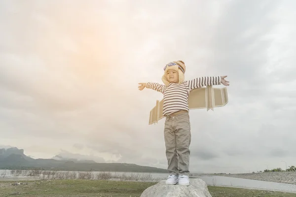 Niño Feliz Jugando Con Alas Juguete Contra Fondo Del Cielo — Foto de Stock