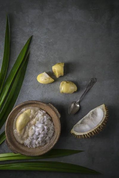 Top View Sosu Sweet Lepki Ryż Durian Mleko Kokosowe Tajskie — Zdjęcie stockowe