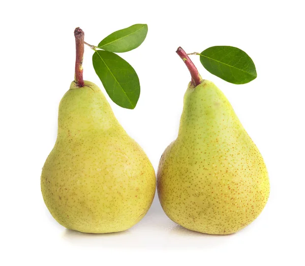 Two Pears Green Leaves Isolated White Background — Stock Photo, Image