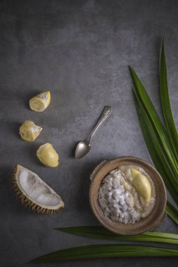 Gıda kompozisyon tatlı yapışkan pirinç ile Durian ve Hindistan cevizi sütü sosu, Tayland Gıda.