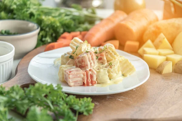 Toned Picture Traditional German Potato Salad Carrot Onion Mayonnaise — Stock Photo, Image