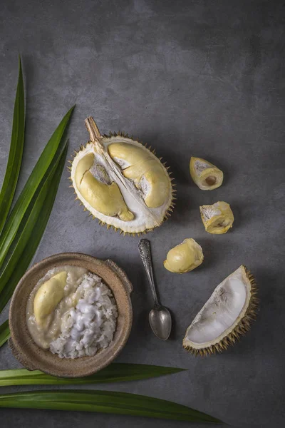 Top View Sosu Sweet Lepki Ryż Durian Mleko Kokosowe Tajskie — Zdjęcie stockowe