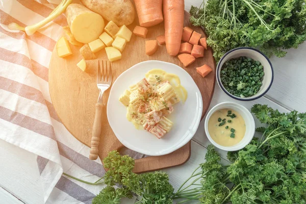 Cuadro Tonificado Ensalada Papa Tradicional Alemana Con Zanahoria Cebolla Mayonesa —  Fotos de Stock