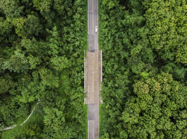 Tayland kırsal yeşil tropikal orman ile Asfalt yol, Drone hava fotoğrafı üst görünümü.