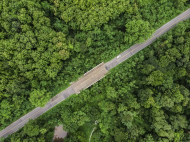Tayland kırsal yeşil tropikal orman ile Asfalt yol, Drone hava fotoğrafı üst görünümü.