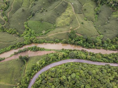 En iyi görünüm, kırsal Road, yeşil orman ve kırsal Tayland üzerinden yol. Üstten görünüm. Uçağı hava fotoğrafı.