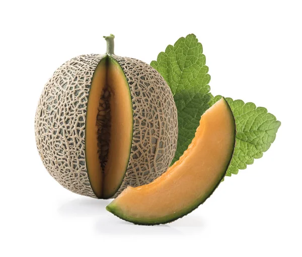 Cantaloupe Melone Mit Scheibe Isoliert Auf Weißem Hintergrund — Stockfoto