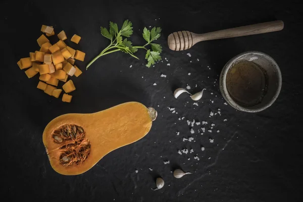 Calabaza Mantequilla Ecológica Con Miel Miel Especias Ingredientes —  Fotos de Stock