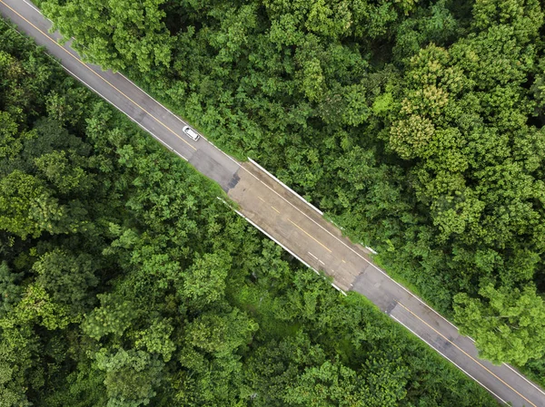 Tayland kırsal yeşil tropikal orman ile Asfalt yol, Drone hava fotoğrafı üst görünümü.
