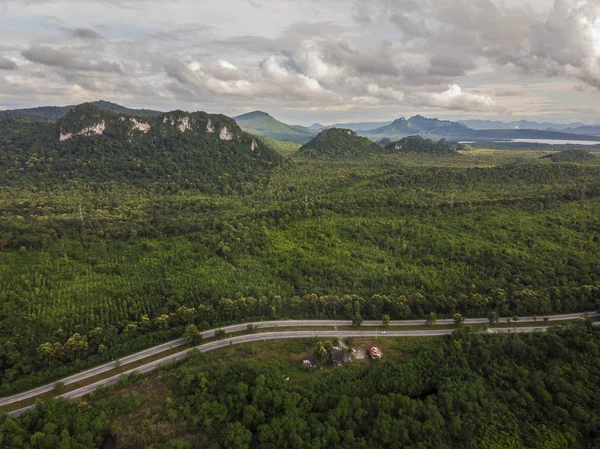 Top View of Rural Road, Path through green forest and countryside of Thailand. Top view. Aerial photo from drone.