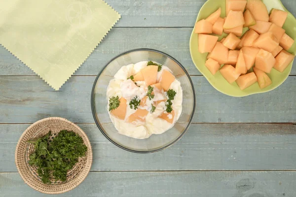 Melón delicioso desayuno o postre, vista superior. Alimentación saludable c —  Fotos de Stock